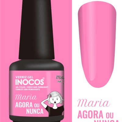Frasco de verniz gel rosa INOCOS com amostra da cor brilhante