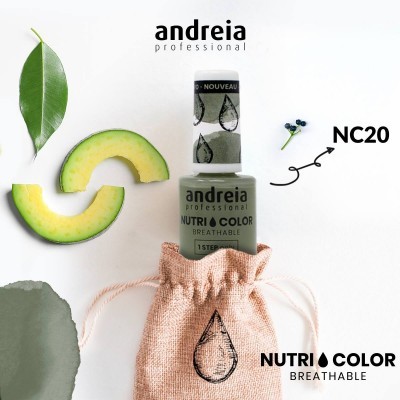 Frasco de verniz para unhas andreia professional Nutri Color Breathable em saco de tecido e fatias de abacate