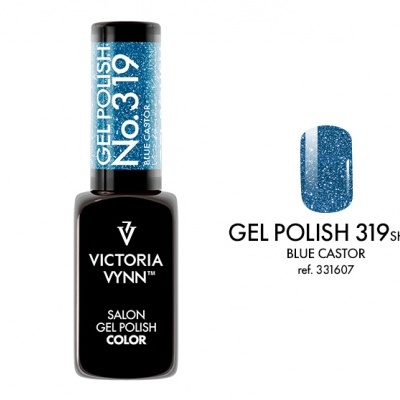 Frasco de verniz gel preto com tampa azul brilhante e amostra da cor azul