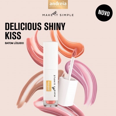 Batom líquido Andreia Delicious Shiny Kiss com pincel aplicador e manchas coloridas no fundo