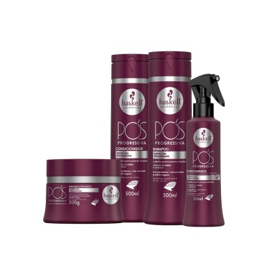 Conjunto de produtos para cabelo Haskell Pós Progressiva em embalagens roxas