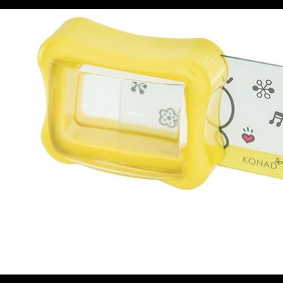 Carimbo para unhas com estrutura amarela e molde branco com desenhos e texto KONAD