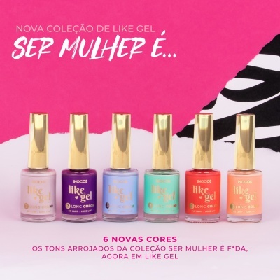 Seis frascos de verniz de gel em várias cores com tampas douradas e texto promocional em fundo rosa