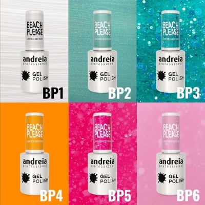 Seis frascos de verniz gel da marca andreia professional em várias cores sobre fundos brilhantes