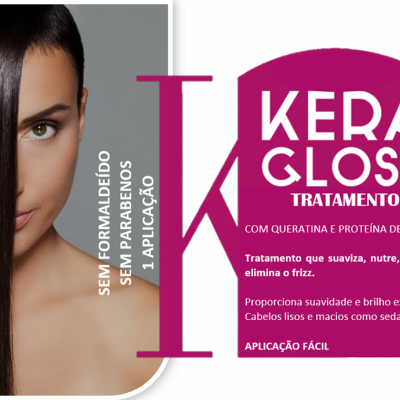 Produto de tratamento capilar Kera Gloss com embalagem rosa e cabelo liso brilhante
