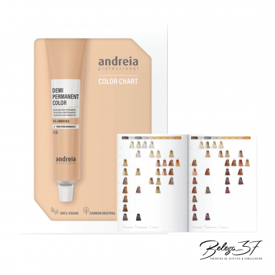 Tubo bege de coloração capilar Andreia com gráfico de cores de cabelo