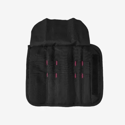 Bolsa organizadora preta com compartimentos e costuras rosas