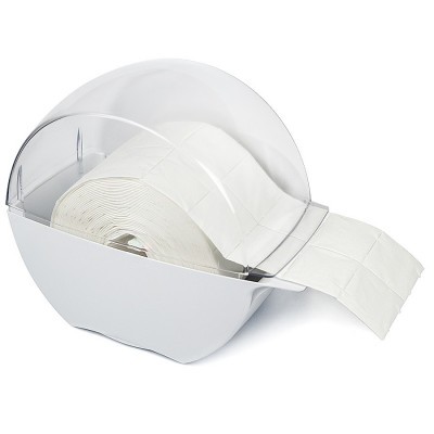 Dispenser branco com aba transparente e papel higiénico desenrolado