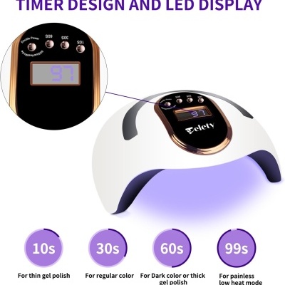 Dispositivo cura LED unhas gel branco com visor e botões temporizador.