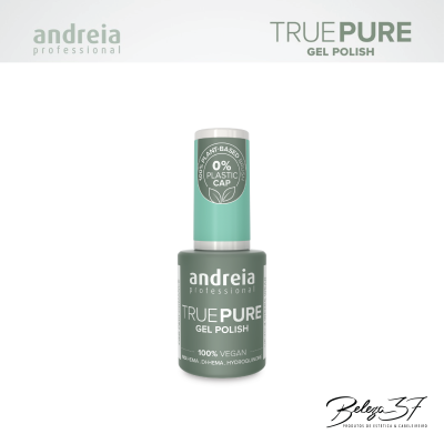 Frasco de verniz gel verde água da Andreia Professional True Pure com tampa verde agua e texto eco plant based 0% plastic cap