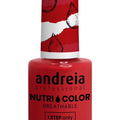 Frasco de verniz de unhas vermelho da marca andreia professional com tampo branco e texto vegan