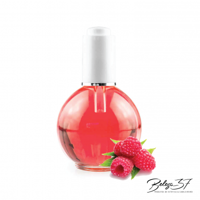 Frasco redondo com líquido vermelho e tampa branca, decorado com framboesas e logo Beleza 3F