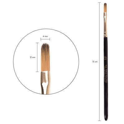 Pincel de maquilhagem com cabo preto e cerda reta com medidas detalhadas