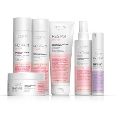 Conjunto de produtos para cabelo Revlon Professional RE/START COLOR em embalagens brancas com detalhes rosa e lilás
