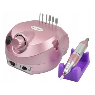 Aparelho de manicure elétrico cor de rosa com brocas e suporte roxo