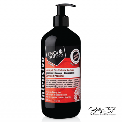 Frasco preto com doseador de champô Real Natura Pro-Volume Cachos