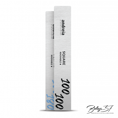 Duas lixas de unha retangulares com escrita preta e azul num fundo cinza