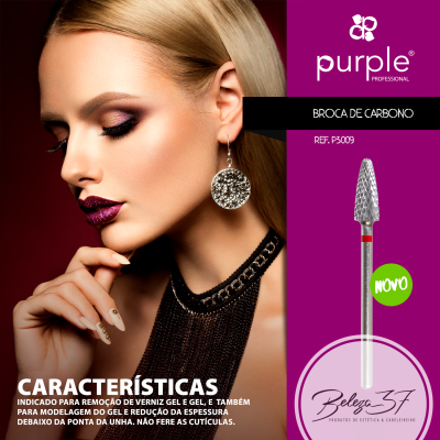 Publicidade de broca de carbono para unhas Purple Professional com modelo maquilhada e vestido preto