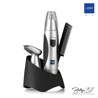 Aparador de pelos prateado e preto com pente e base de suporte preta