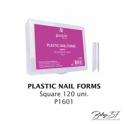 Caixa de plástico roxa com branco com PLASTIC NAIL FORMS 120 unidades, forma de unha ao lado