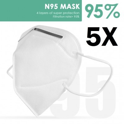Máscara facial N95 branca com clip nasal metálico e alças elásticas brancas