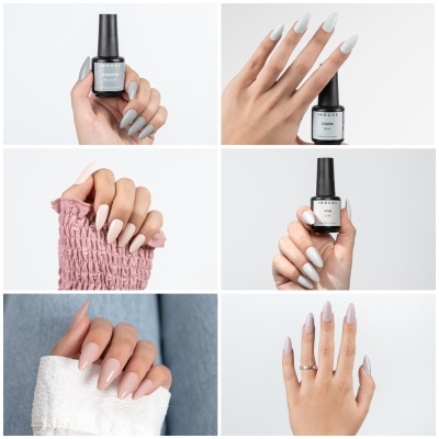 Mãos com unhas pintadas em diferentes tons pastel e frascos de verniz INOCOS