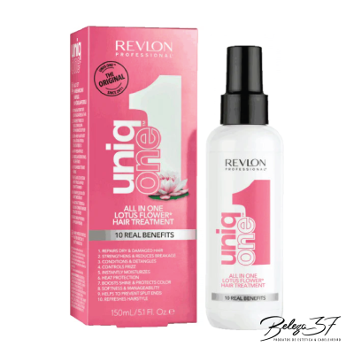 Produto Revlon Professional uniq one tratamento capilar flor de lótus, embalagem branca com caixa rosa.