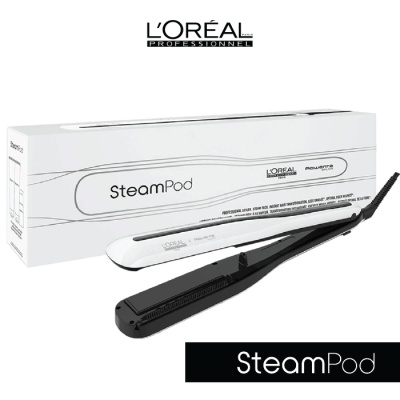 Prancha de alisar cabelo SteamPod branca e preta com embalagem