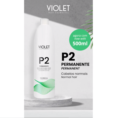 Produto cosmético VIOLET P2 Permanente para cabelos normais em embalagem branca sobre base de pedra cinza