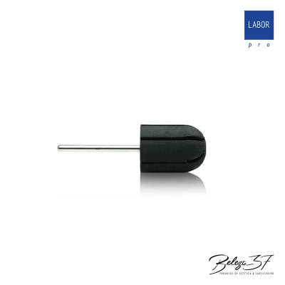 Ferramenta preta com haste metálica para estética sobre fundo branco com logótipos.