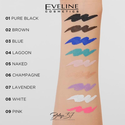 Amostras de maquilhagem de várias cores numeradas no braço com o logotipo EVELINE COSMETICS