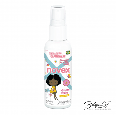 Frasco de spray desembaraçante Novex My Little Curls com rótulo colorido e ilustração de menina com cabelo encaracolado