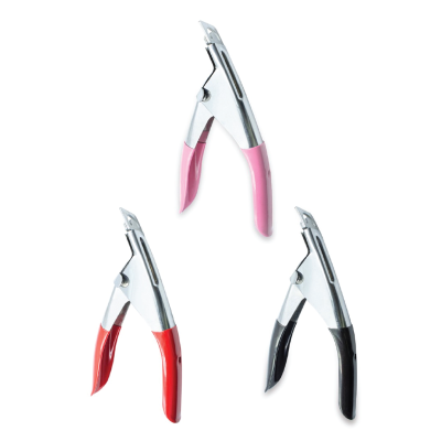 Alicates para unhas de metal com punhos rosa, vermelho e preto em fundo branco