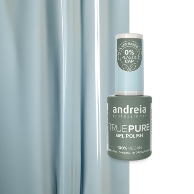 Frasco de verniz gel cinza esverdeado com tampa azul claro e texto 0% PLASTIC CAP