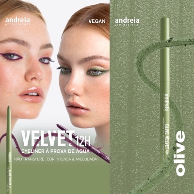 Eyeliner à prova de água Andreia em cor olive com modelo com maquilhagem nos olhos.