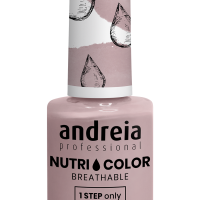 Frasco de verniz de unhas Andreia NUTRI COLOR cor rosa nude com tampa branca e texto em preto