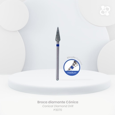 Broca diamantada cónica prateada com detalhe azul numa base branca