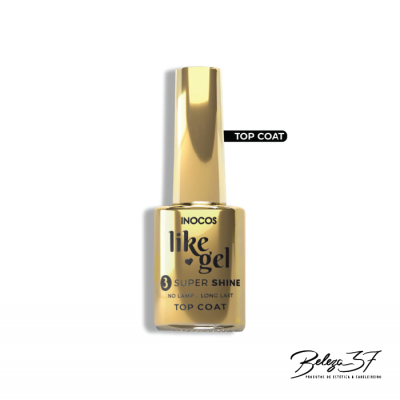 Frasco dourado de verniz para unhas INOCOS Like Gel Top Coat