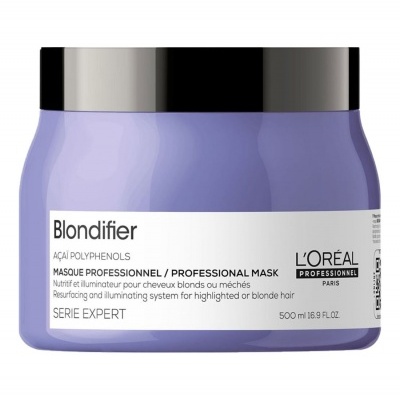 Frasco roxo com tampa preta e rótulo branco do produto Blondifier da L'Oréal