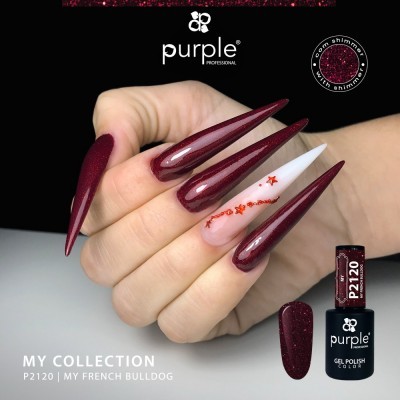 Unhas longas stiletto com verniz gel bordeaux cintilante e branca decorada, frasco de verniz Purple Professional P2120