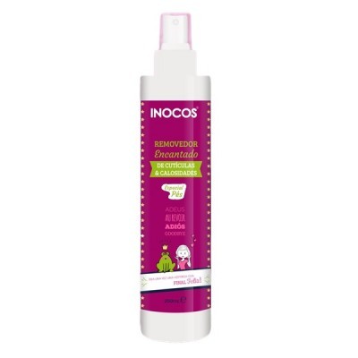 Frasco de spray branco com rótulo rosa vinho de removedor de cutículas e calosidades INOCOS