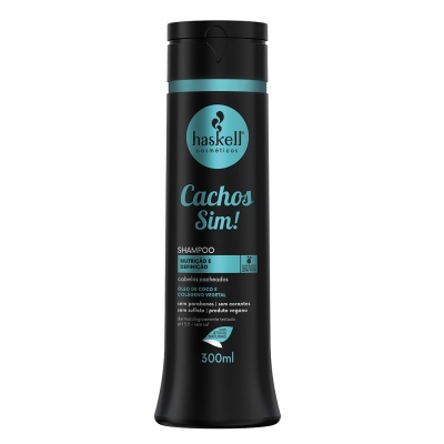 Frasco preto de shampoo Haskell Cosmetics Cachos Sim! para cabelos cacheados