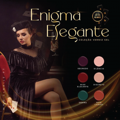 Coleção de verniz gel Enigma Elegante da Glinails com seis cores e mulher com vestido preto segurando cartas