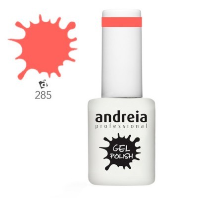 Frasco branco de verniz gel Andreia Professional com tampa branca e faixa vermelha e amostra de cor vermelha 285