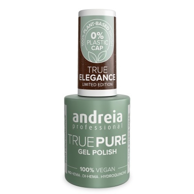 Frasco de verniz gel para unhas verde com tampa marrom e verde e texto promocional