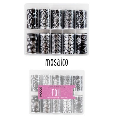 Conjunto de rolos de foil para unhas com padrões em preto e branco em embalagem transparente