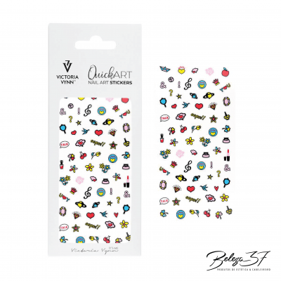 Autocolantes para unhas QuickART coloridos com vários ícones pequenos sobre fundo branco.