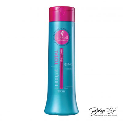 Frasco azul de champô Haskell Total Resgat com tampa rosa