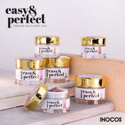 Frascos de gel construtor para unhas 'easy & perfect' com tampa dourada em fundo claro