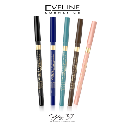 Conjunto de cinco lápis de olhos Eveline Cosmetics em várias cores sobre fundo branco